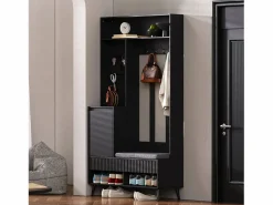 ModernLuxe Vestidor de entrada moderno - con 4 ganchos, 1 puerta y 2 cajones - con banco y estantes abiertos - Negr