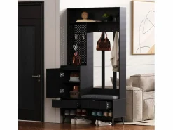 ModernLuxe Vestidor de entrada moderno - con 4 ganchos, 1 puerta y 2 cajones - con banco y estantes abiertos - Negr