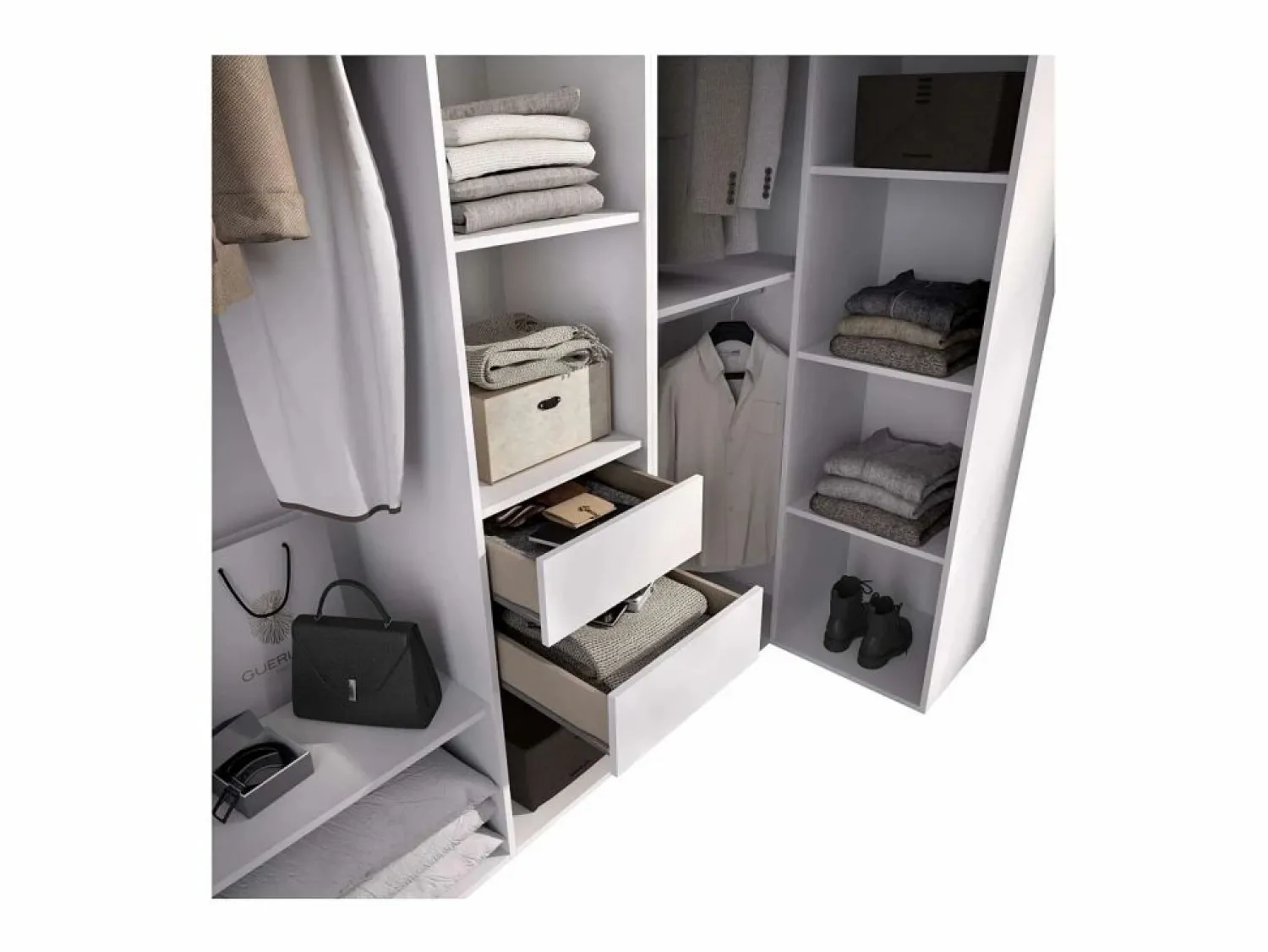 Hot Vestidor de rincón Reus con estantes, 2 cajones y trasera reversible en blanco/natural, 2 Marru00f3n