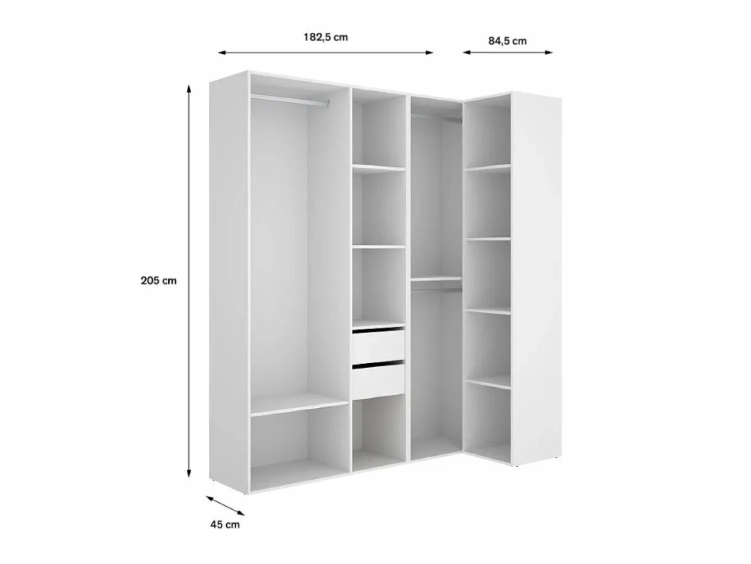 Hot Vestidor de rincón Reus con estantes, 2 cajones y trasera reversible en blanco/natural, 2 Marru00f3n