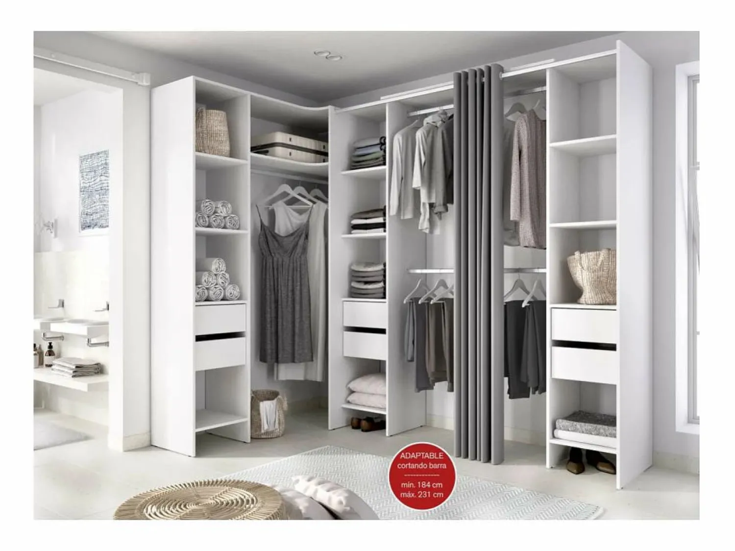 Vestidor de rincón Siles con cortina y 6 cajones acabado , 205cm(alto) 234cm(ancho)