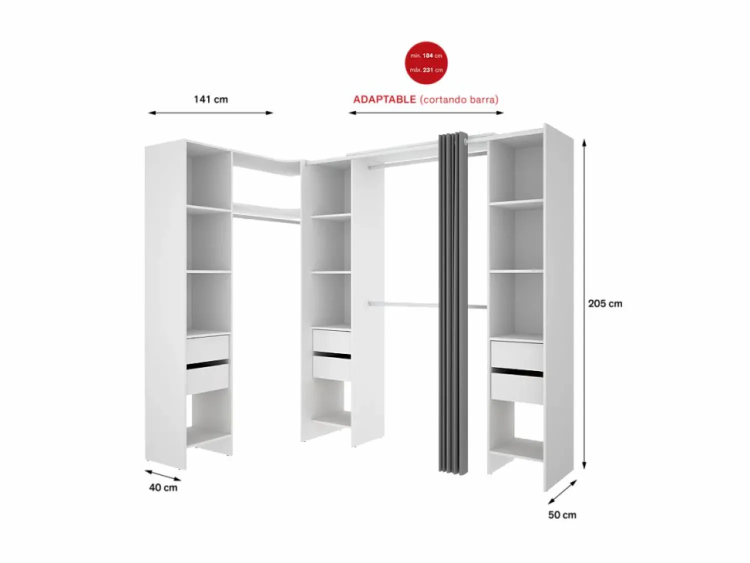 Vestidor de rincón Siles con cortina y 6 cajones acabado , 205cm(alto) 234cm(ancho)