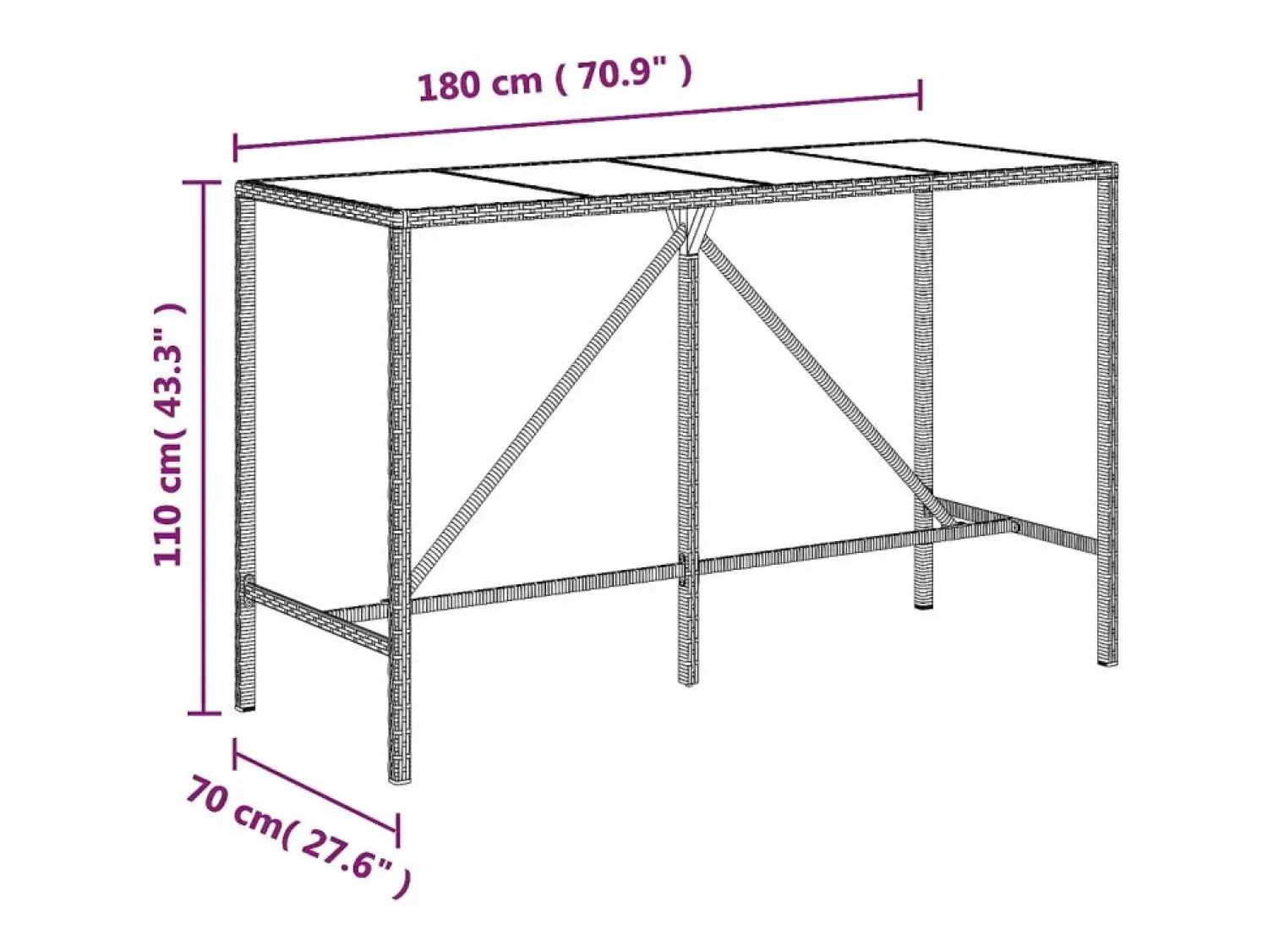 Garden Furniture Village Green-Green Ridge Mesa alta bar ratán PE y superficie vidrio 180x70x110 cm