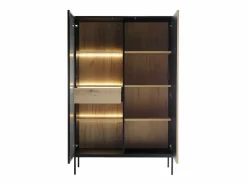 Clearance Vente-unique Vitrina 2 puertas y 1 cajón con luces LED en MDF y vidrio ahumado - Negro y Natural - OVILA Negro / Color natural oscuro