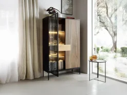 Clearance Vente-unique Vitrina 2 puertas y 1 cajón con luces LED en MDF y vidrio ahumado - Negro y Natural - OVILA Negro / Color natural oscuro