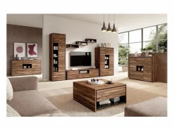 Discount Meublorama Vitrina alta de diseño con 1 puerta, 1 cajón y 4 nichos visibles colección SILVA color roble y gris. Marru00f3n