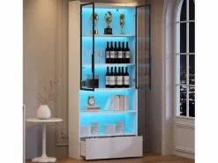 Hauss Spole Vitrina alta 80x34x180 cm blanca con cajón, puertas de cristal e iluminación LED