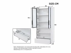 Hauss Spole Vitrina alta 80x34x180 cm blanca con cajón, puertas de cristal e iluminación LED