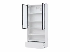 Hauss Spole Vitrina alta 80x34x180 cm blanca con cajón, puertas de cristal e iluminación LED