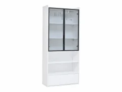 Hauss Spole Vitrina alta 80x34x180 cm blanca con cajón, puertas de cristal e iluminación LED