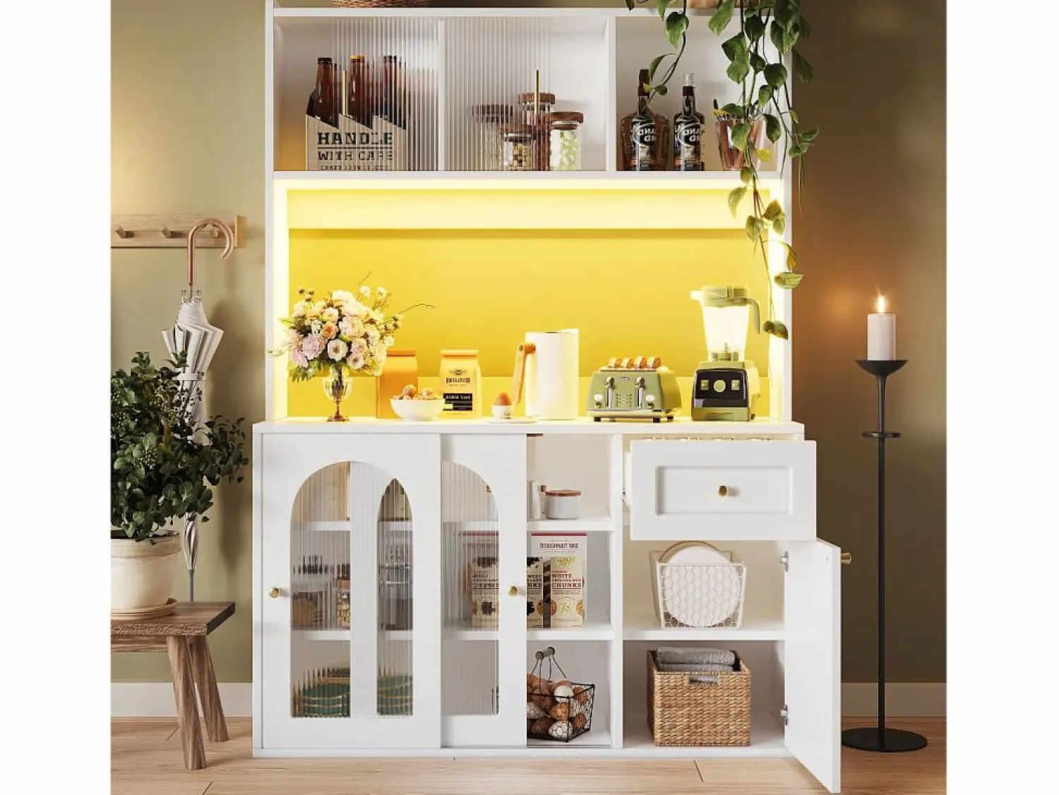 Discount Vitrina blanca - Mueble de comedor con 5 puertas y 1 cajón - estantes regulables y luces LED Vitrina