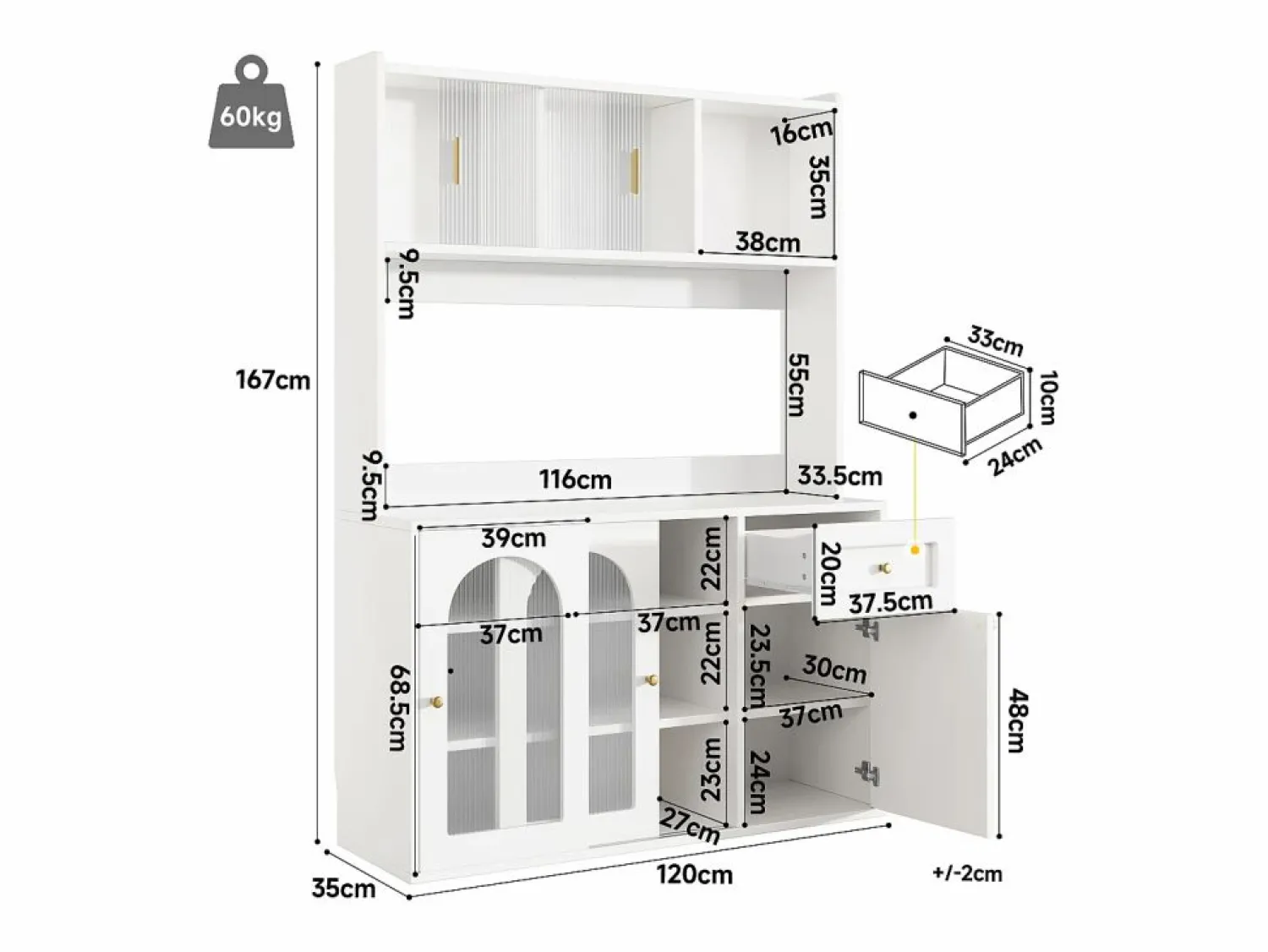 Discount Vitrina blanca - Mueble de comedor con 5 puertas y 1 cajón - estantes regulables y luces LED Vitrina