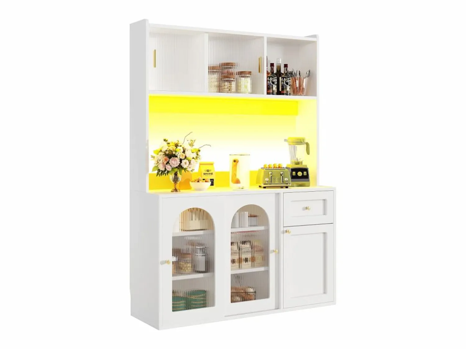 Discount Vitrina blanca - Mueble de comedor con 5 puertas y 1 cajón - estantes regulables y luces LED Vitrina