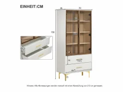 Vitrina blanca con 2 puertas de cristal marrón y 2 cajones, LED incluido - 70x35x150cm Vitrina