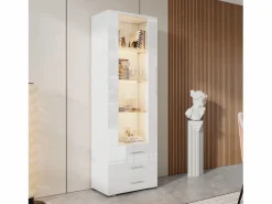 Clearance Vitrina blanca con iluminación LED, 60x35x180 cm, 3 cajones, estilo moderno, para salón y oficina Vitrina