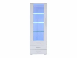 Clearance Vitrina blanca con iluminación LED, 60x35x180 cm, 3 cajones, estilo moderno, para salón y oficina Vitrina