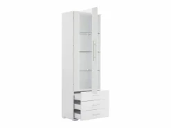Clearance Vitrina blanca con iluminación LED, 60x35x180 cm, 3 cajones, estilo moderno, para salón y oficina Vitrina