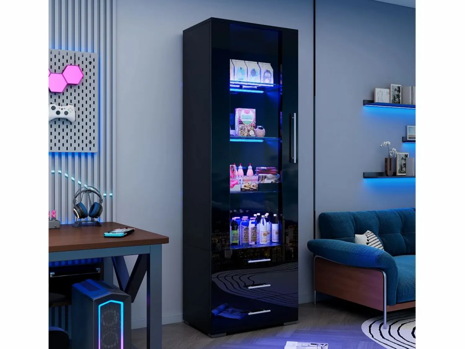 Outlet Vitrina brillante - con LED - 3 cajones y estantes - 60x35x180 cm - MDF - Vitrina