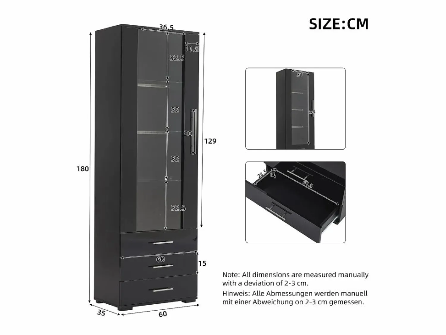 Outlet Vitrina brillante - con LED - 3 cajones y estantes - 60x35x180 cm - MDF - Vitrina