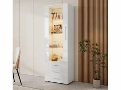 Sale ModernLuxe Vitrina brillante - con LED - 3 cajones y estantes - 60x35x180 cm - MDF - Blanco