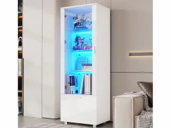 Outlet Merax Vitrina brillante con puertas de acrílico - 50 x 40 x 160 cm - con LED + 3 estantes - Acrílico + aglomerado - Blanco