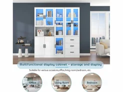 New Merax Vitrina combinada moderna con 8 puertas y 3 cajones - LED - Madera MDF - Lacado - 180 x 40 x 200 cm Blanco