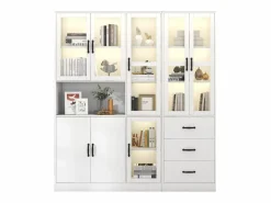 New Merax Vitrina combinada moderna con 8 puertas y 3 cajones - LED - Madera MDF - Lacado - 180 x 40 x 200 cm Blanco