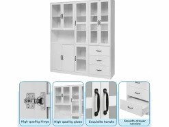 New Merax Vitrina combinada moderna con 8 puertas y 3 cajones - LED - Madera MDF - Lacado - 180 x 40 x 200 cm Blanco