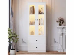 Outlet Merax Vitrina con 2 puertas y 2 cajones - 60 x 36 x 165 cm - LEDs - Estantes regulables - Tablero de partículas + MDF - Blanco