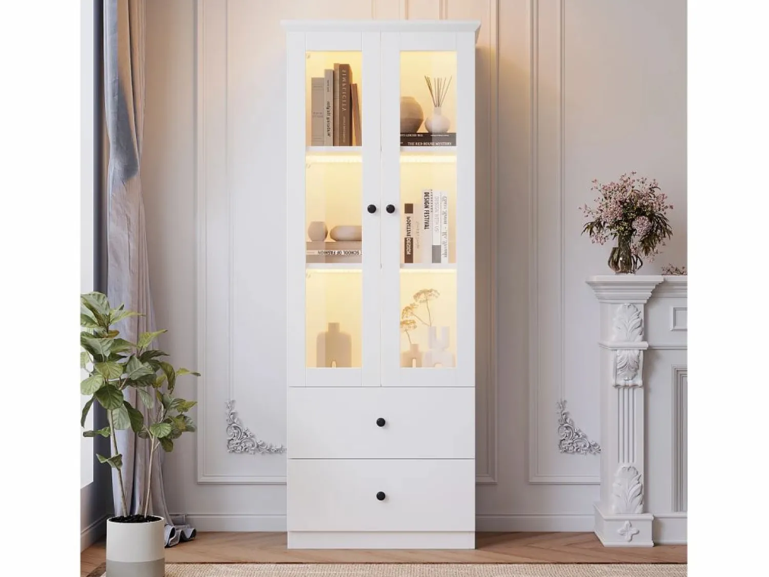 Outlet Merax Vitrina con 2 puertas y 2 cajones - 60 x 36 x 165 cm - LEDs - Estantes regulables - Tablero de partículas + MDF - Blanco