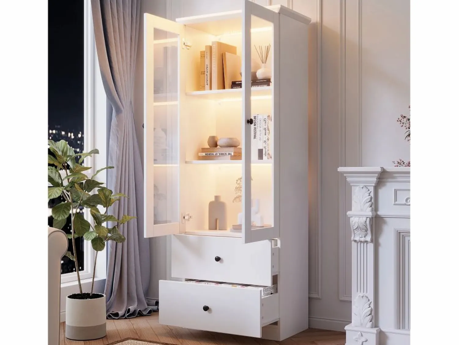 Outlet Merax Vitrina con 2 puertas y 2 cajones - 60 x 36 x 165 cm - LEDs - Estantes regulables - Tablero de partículas + MDF - Blanco