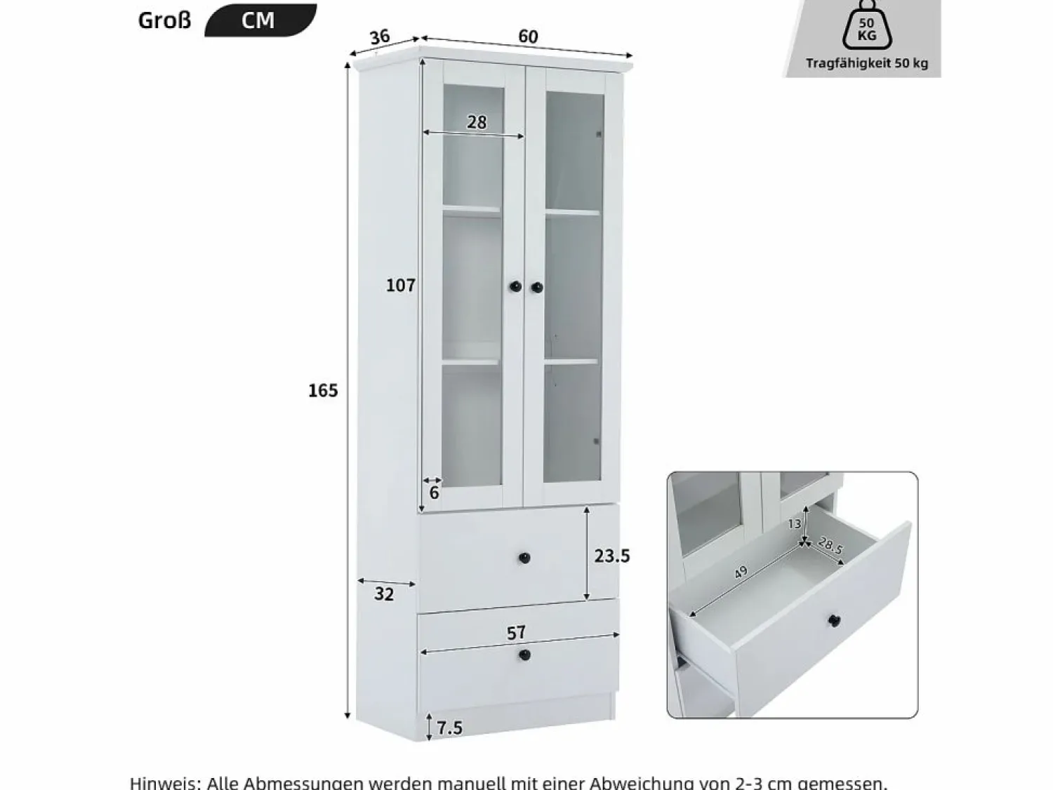 Outlet Merax Vitrina con 2 puertas y 2 cajones - 60 x 36 x 165 cm - LEDs - Estantes regulables - Tablero de partículas + MDF - Blanco