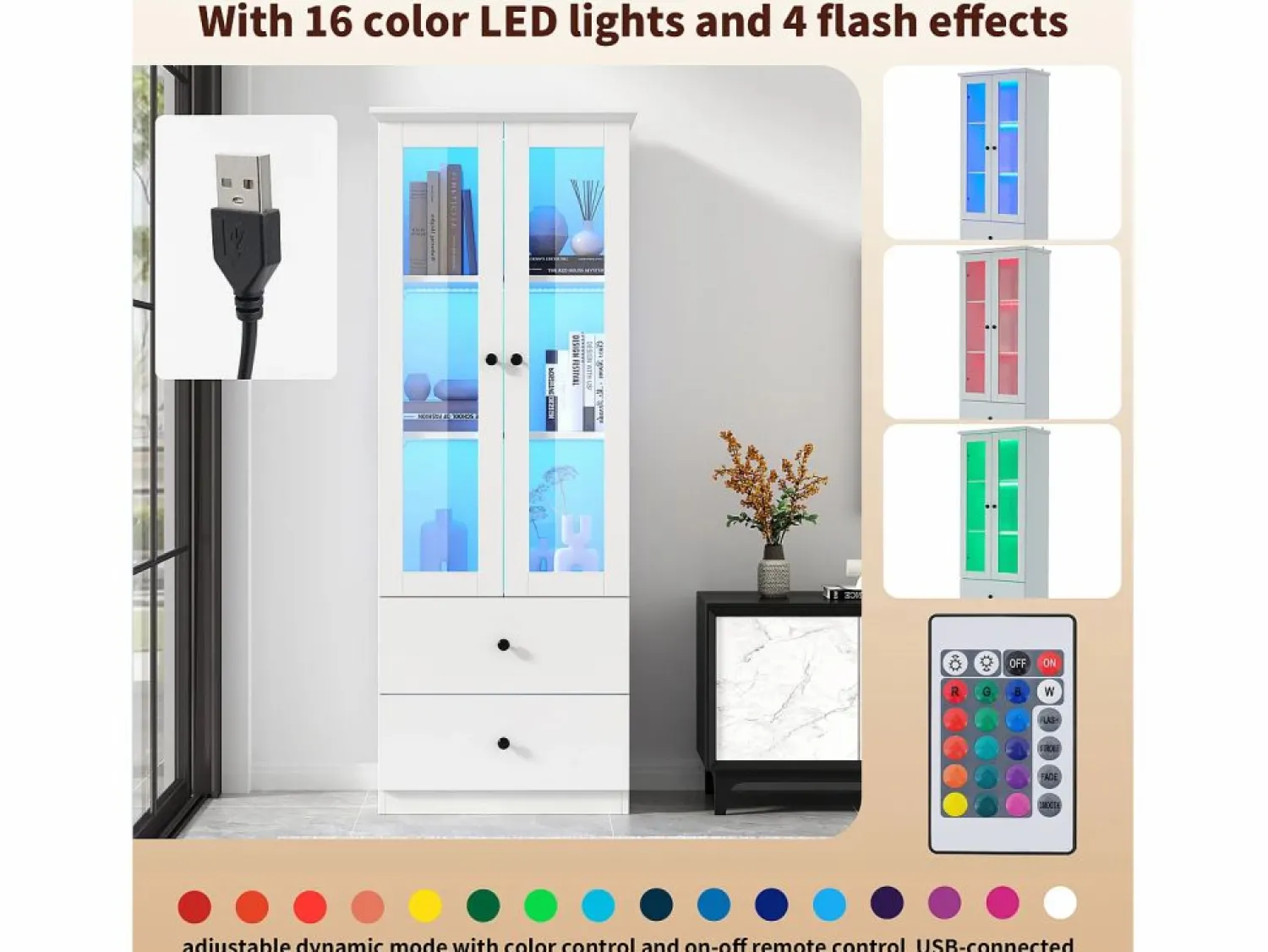 Outlet Merax Vitrina con 2 puertas y 2 cajones - 60 x 36 x 165 cm - LEDs - Estantes regulables - Tablero de partículas + MDF - Blanco