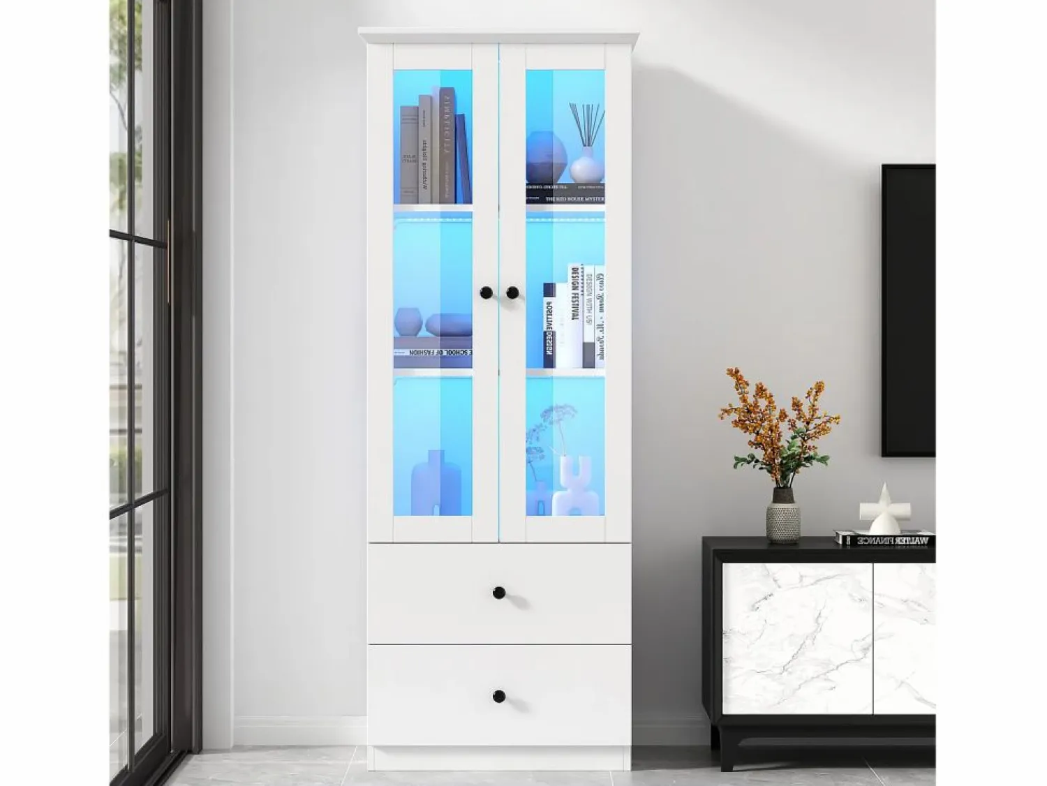 Outlet Merax Vitrina con 2 puertas y 2 cajones - 60 x 36 x 165 cm - LEDs - Estantes regulables - Tablero de partículas + MDF - Blanco