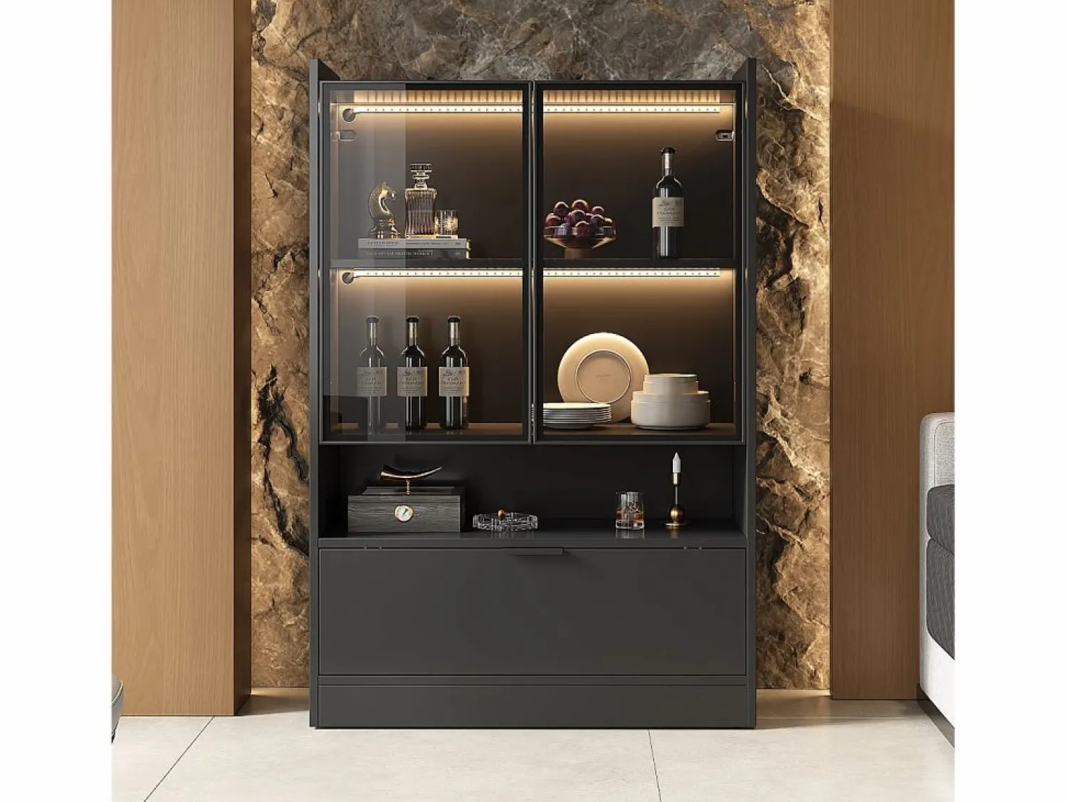 New Merax Vitrina con 3 puertas y 1 compartimento - 80 x 35 x 120 cm - LEDs - Tablero de partículas y cristal - Negro