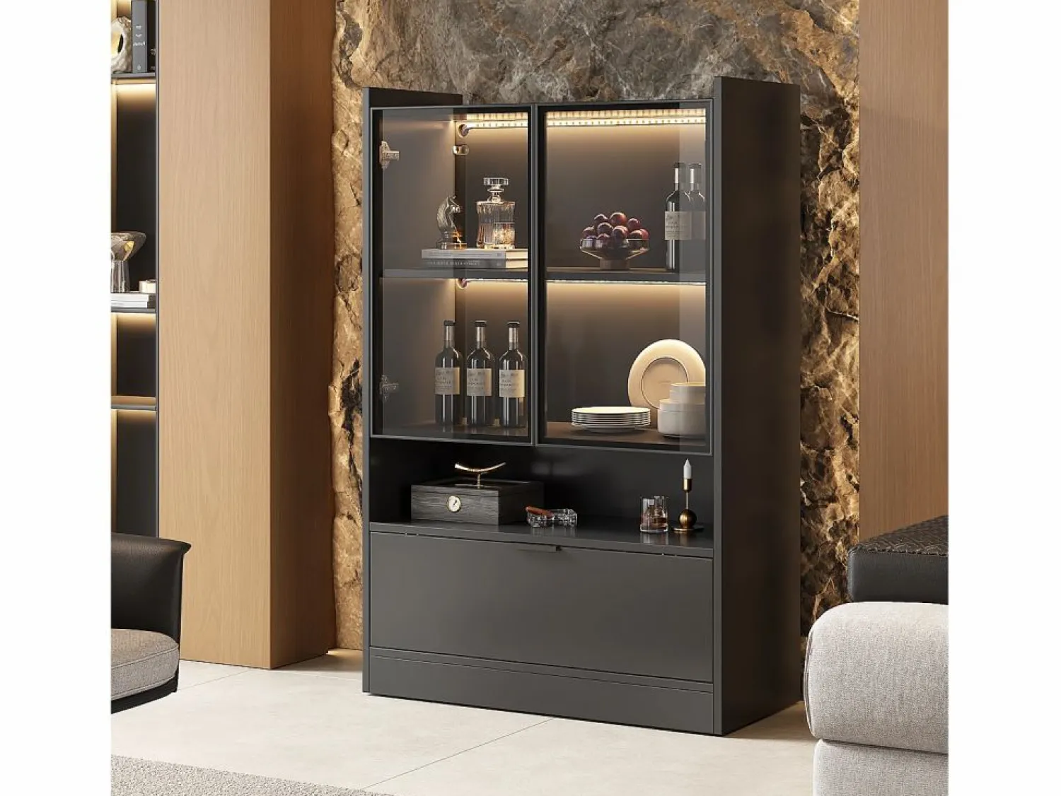 New Merax Vitrina con 3 puertas y 1 compartimento - 80 x 35 x 120 cm - LEDs - Tablero de partículas y cristal - Negro