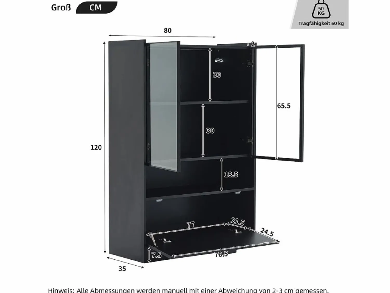 New Merax Vitrina con 3 puertas y 1 compartimento - 80 x 35 x 120 cm - LEDs - Tablero de partículas y cristal - Negro