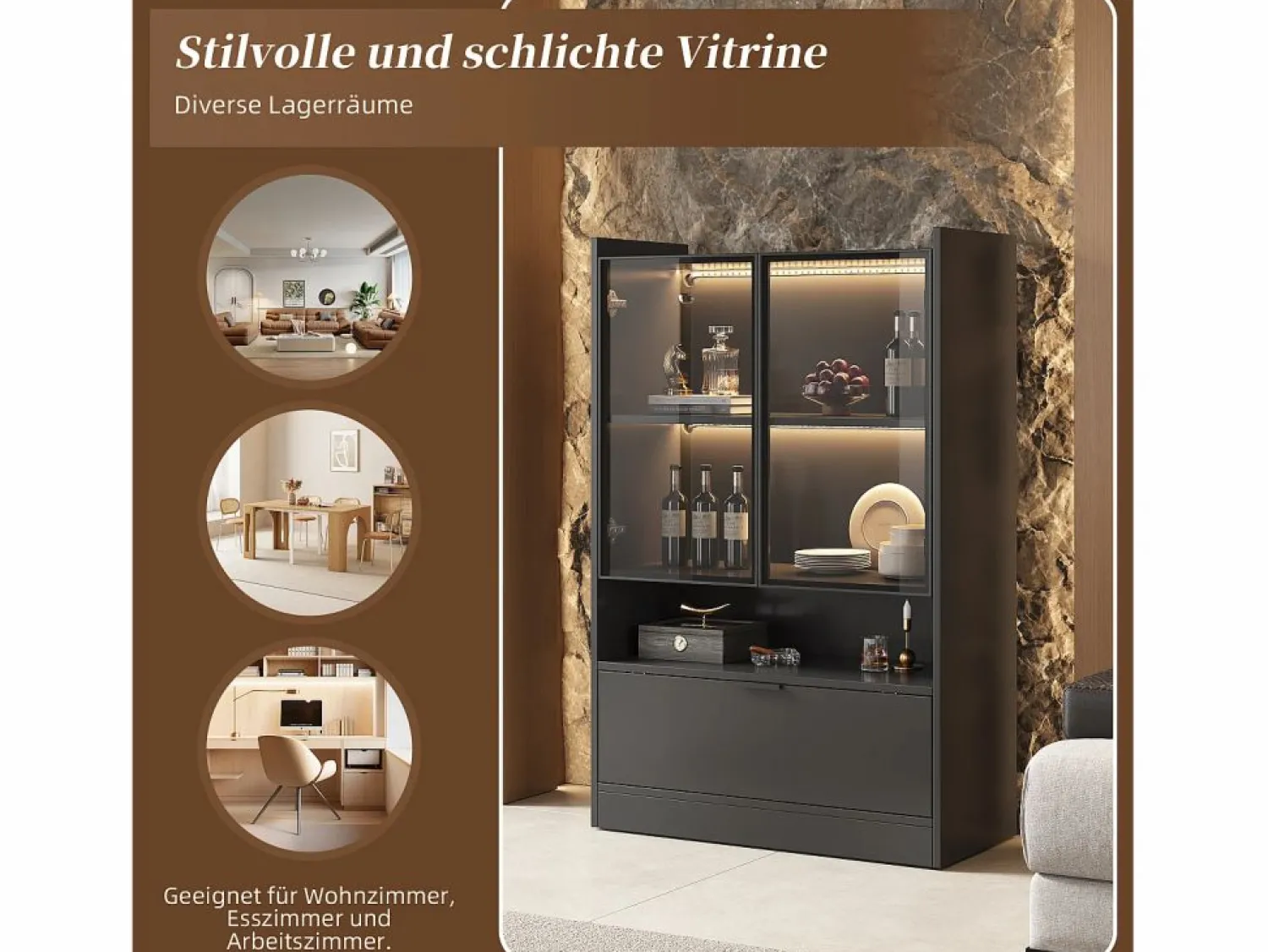New Merax Vitrina con 3 puertas y 1 compartimento - 80 x 35 x 120 cm - LEDs - Tablero de partículas y cristal - Negro