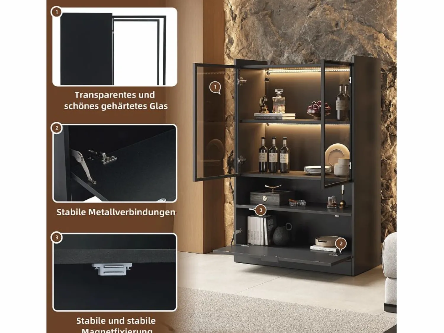 New Merax Vitrina con 3 puertas y 1 compartimento - 80 x 35 x 120 cm - LEDs - Tablero de partículas y cristal - Negro
