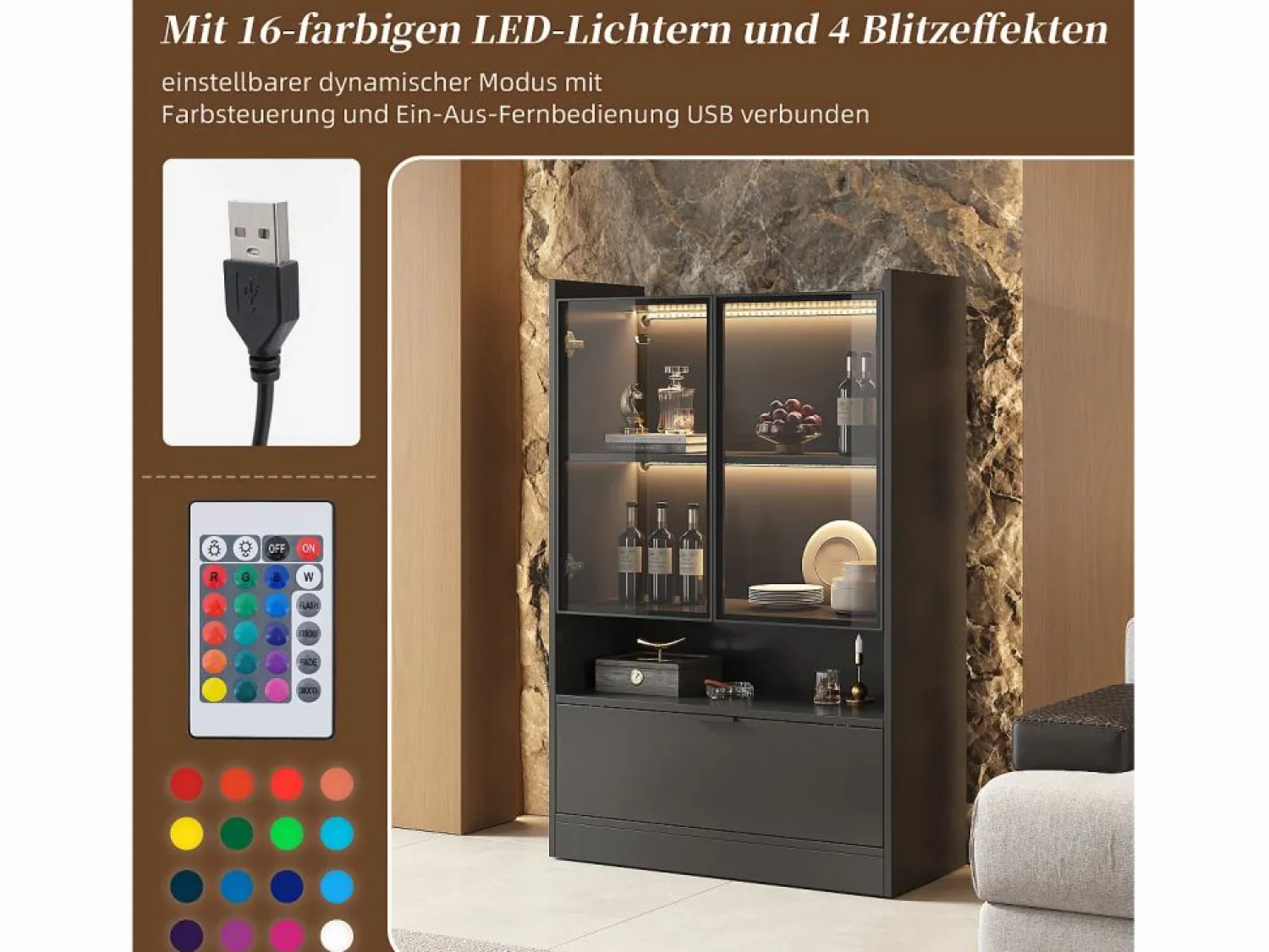New Merax Vitrina con 3 puertas y 1 compartimento - 80 x 35 x 120 cm - LEDs - Tablero de partículas y cristal - Negro