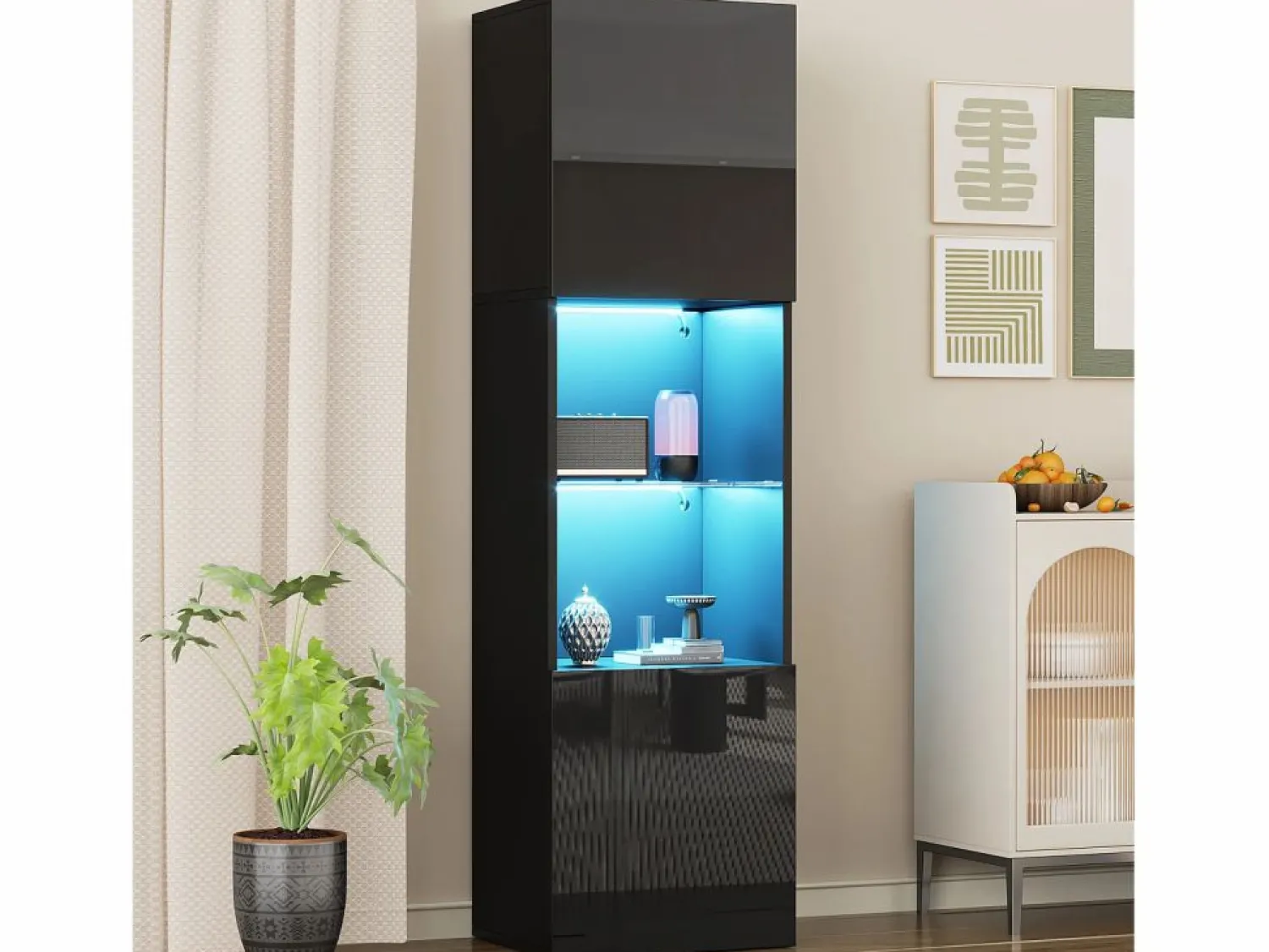 Merax Vitrina con 2 puertas y 1 estante de cristal - 45 x 35 x 160 cm - LEDs - Tablero de partículas - brillo