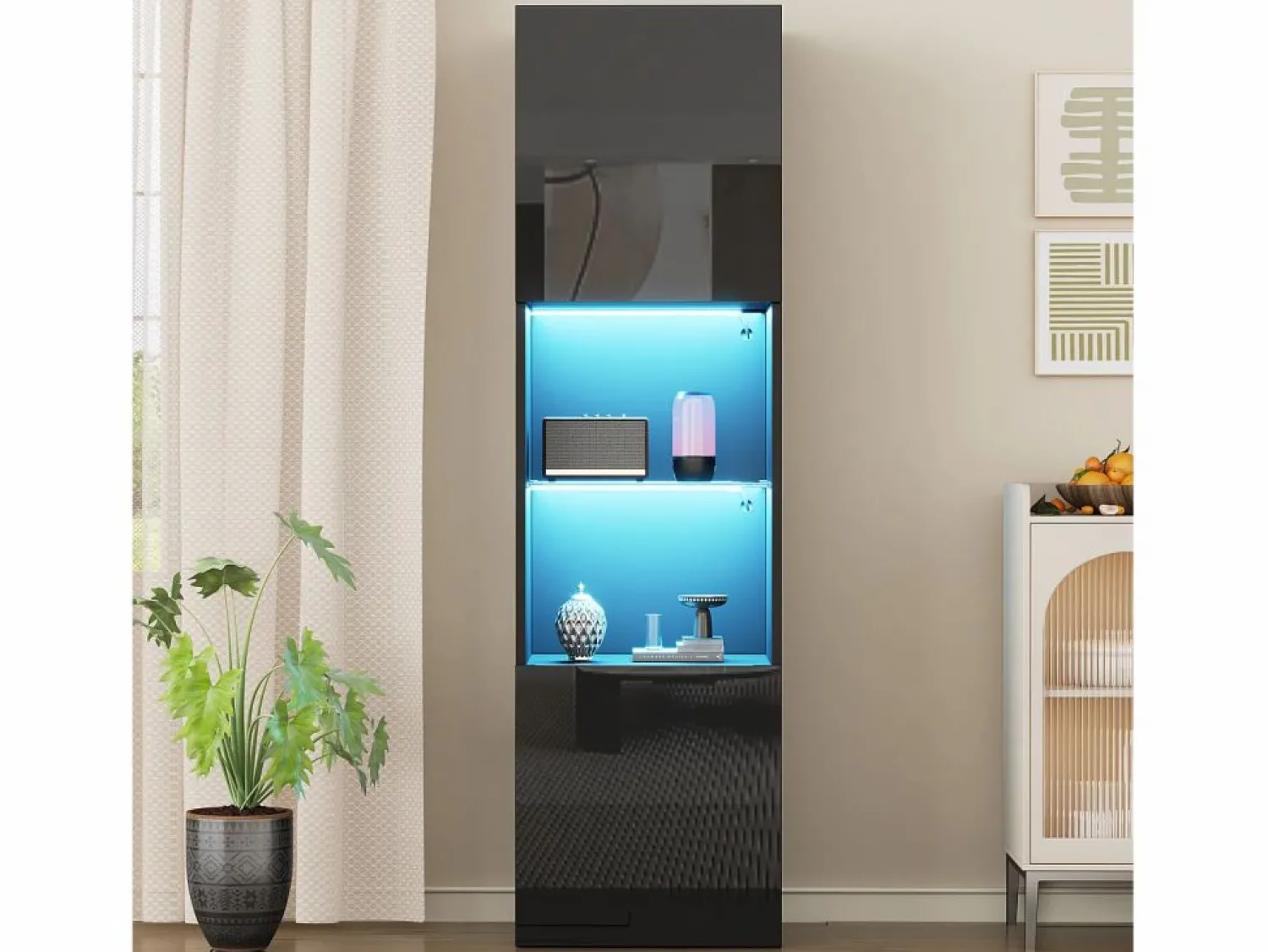 Merax Vitrina con 2 puertas y 1 estante de cristal - 45 x 35 x 160 cm - LEDs - Tablero de partículas - brillo