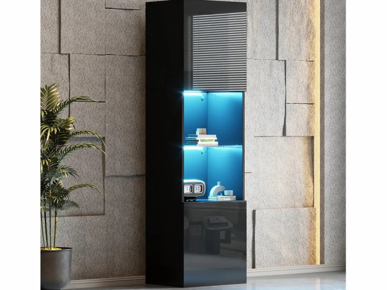 Merax Vitrina con 2 puertas y 1 estante de cristal - 45 x 35 x 160 cm - LEDs - Tablero de partículas - brillo
