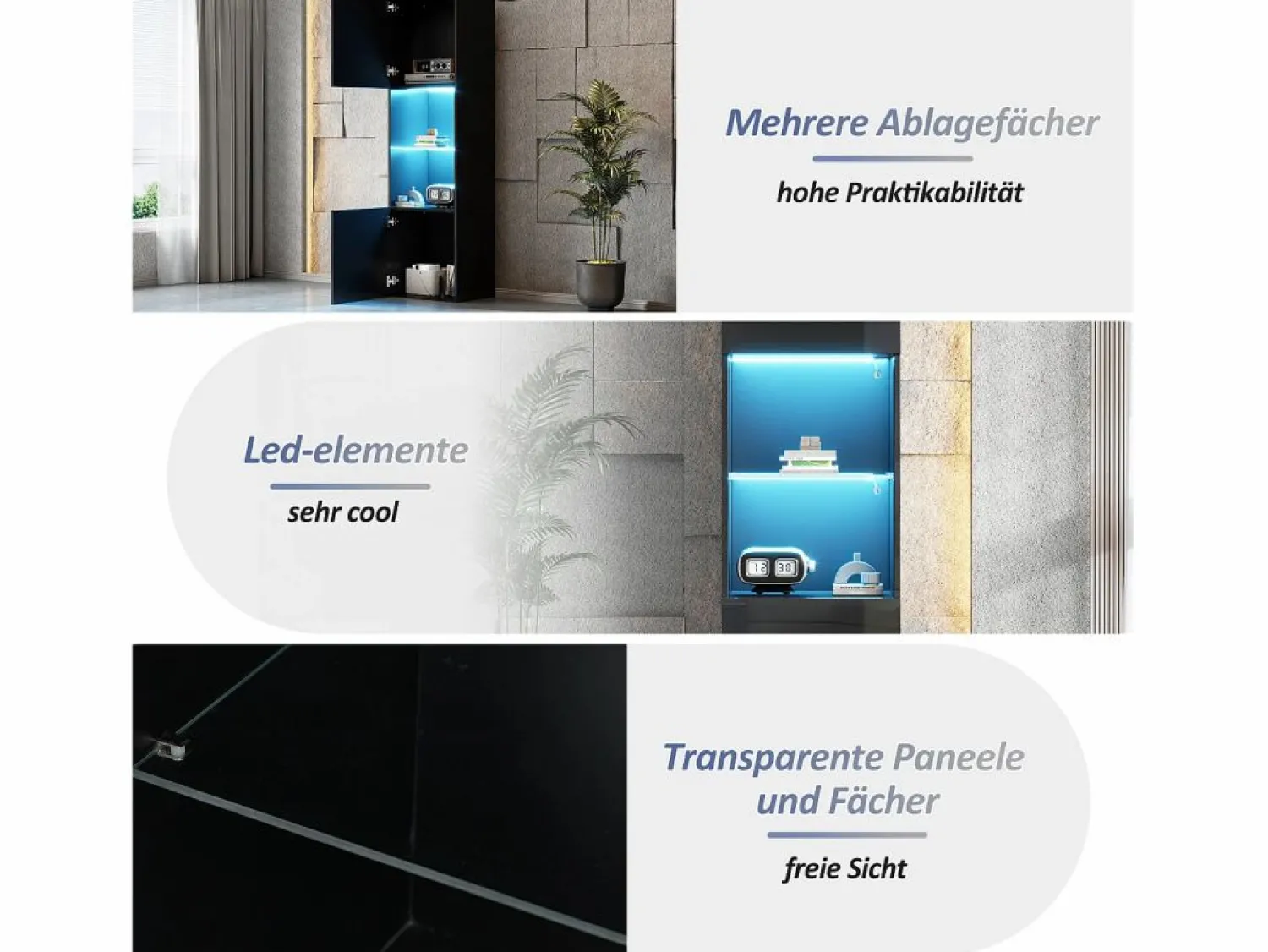 Merax Vitrina con 2 puertas y 1 estante de cristal - 45 x 35 x 160 cm - LEDs - Tablero de partículas - brillo