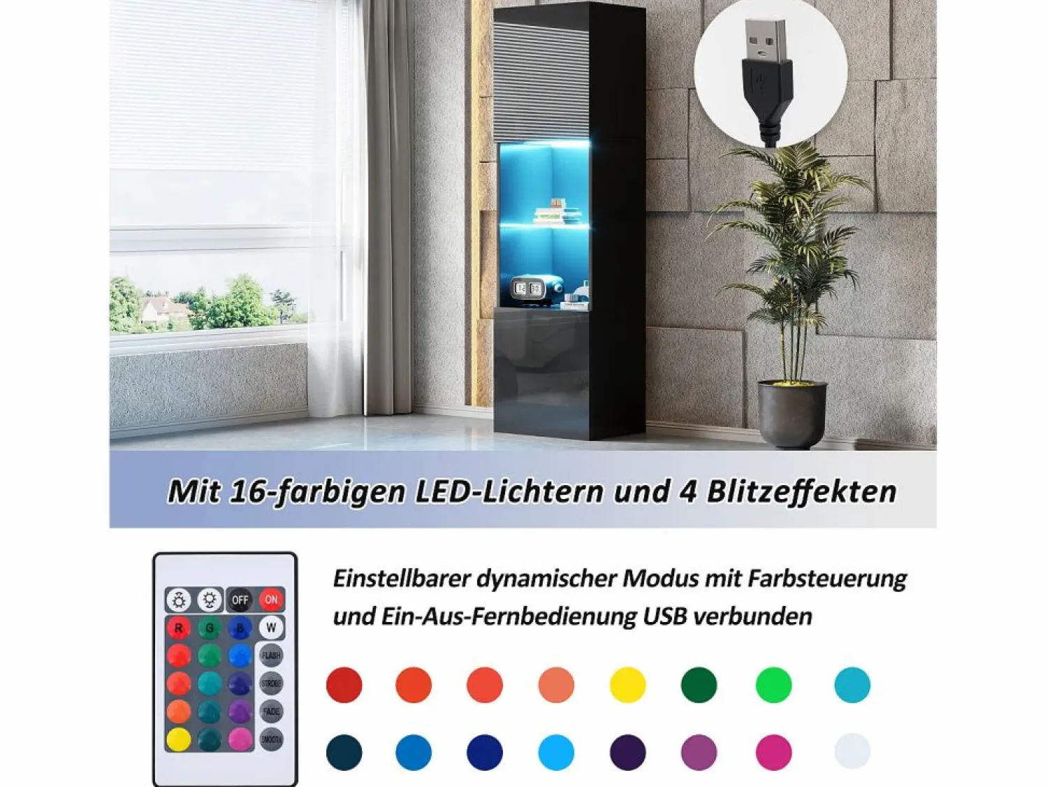 Merax Vitrina con 2 puertas y 1 estante de cristal - 45 x 35 x 160 cm - LEDs - Tablero de partículas - brillo
