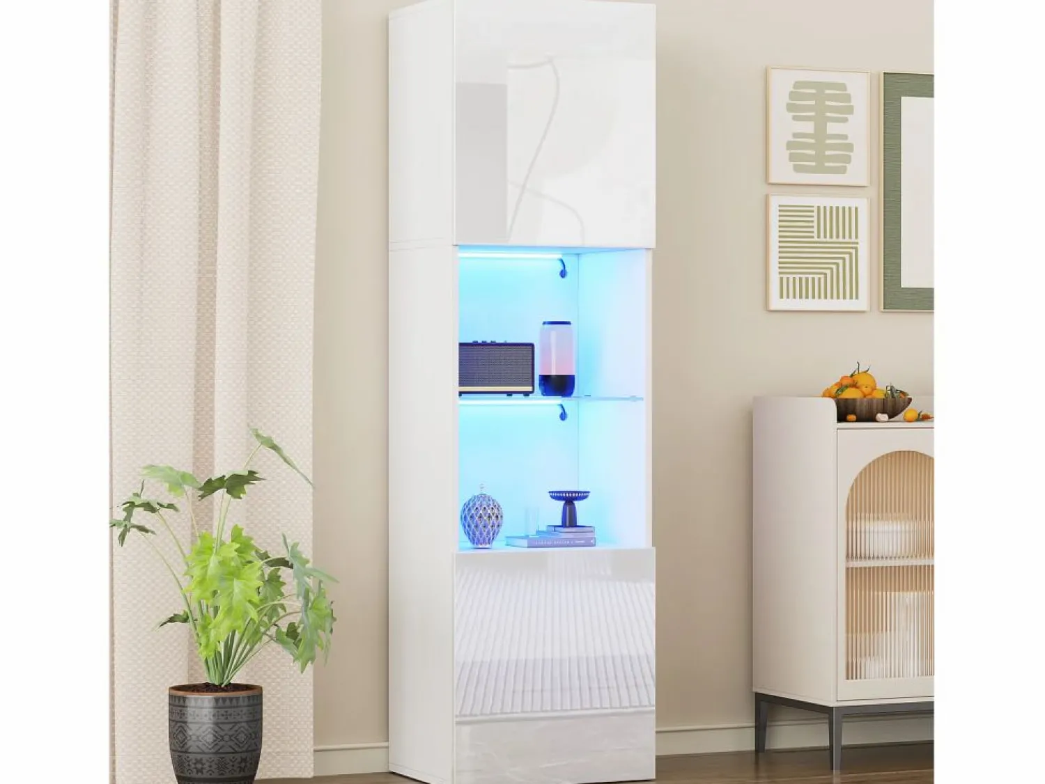 New Merax Vitrina con 2 puertas y 1 estante de cristal - 45 x 35 x 160 cm - LEDs - Tablero de partículas - brillo Blanco