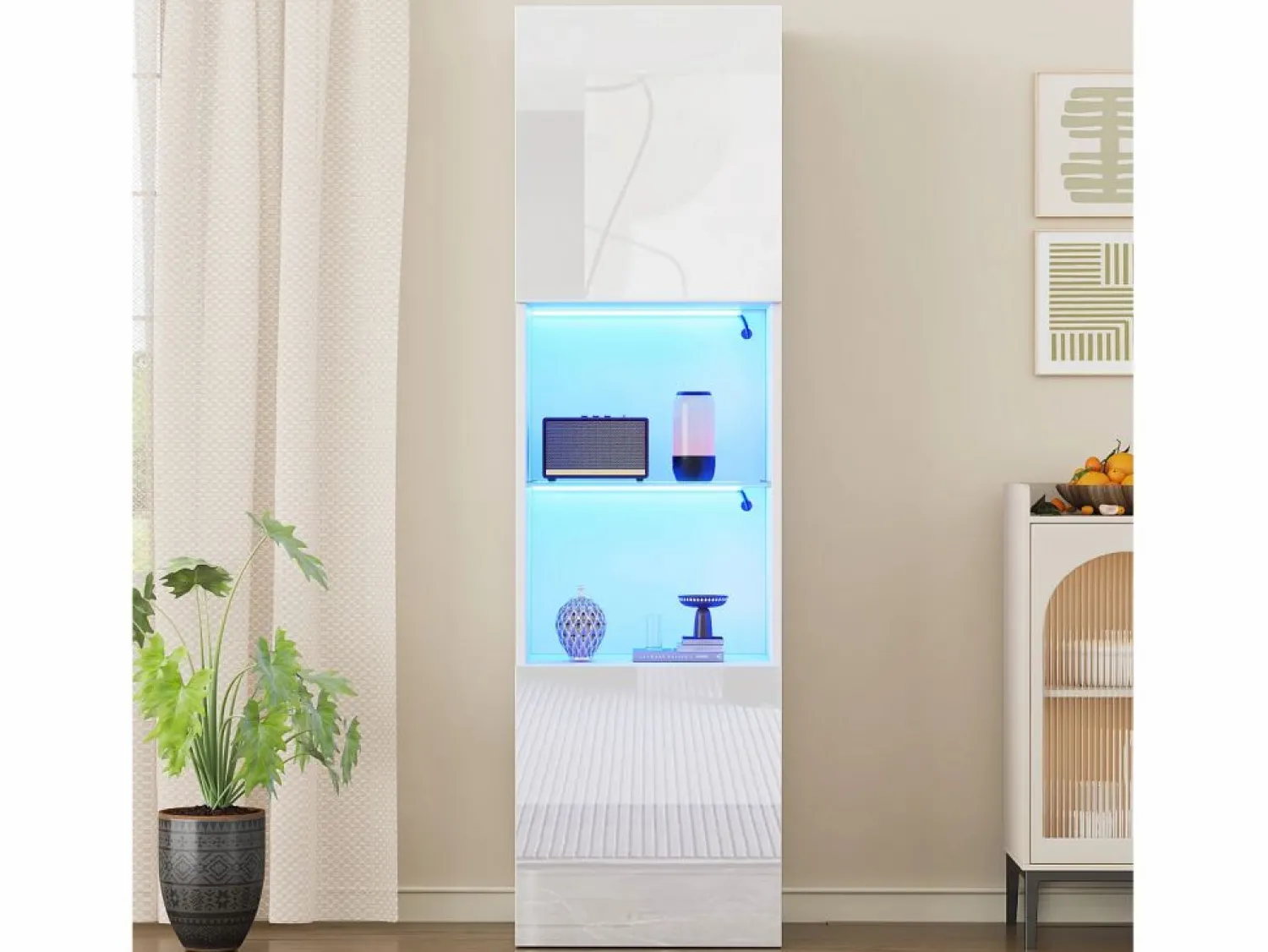 New Merax Vitrina con 2 puertas y 1 estante de cristal - 45 x 35 x 160 cm - LEDs - Tablero de partículas - brillo Blanco