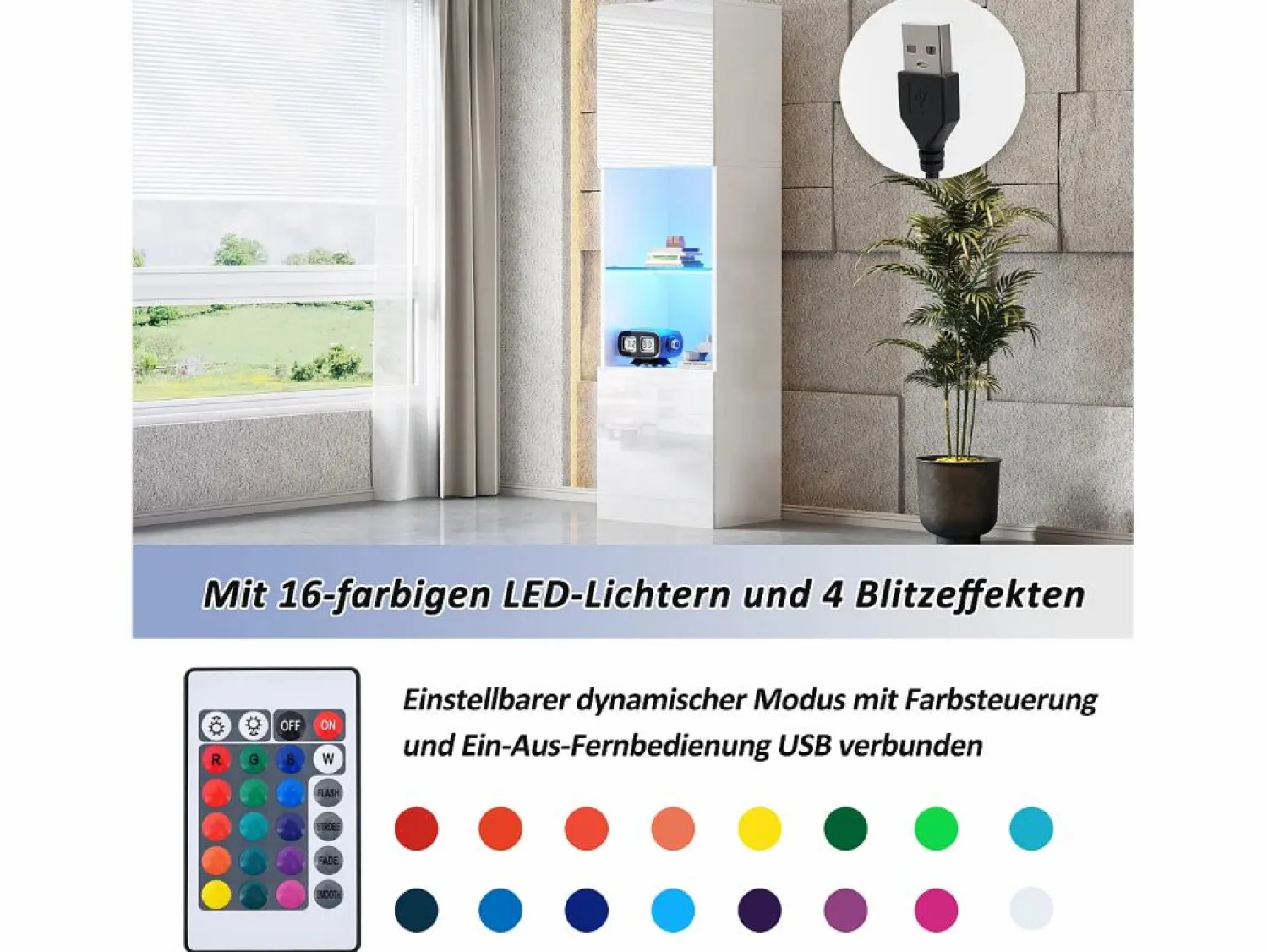 New Merax Vitrina con 2 puertas y 1 estante de cristal - 45 x 35 x 160 cm - LEDs - Tablero de partículas - brillo Blanco