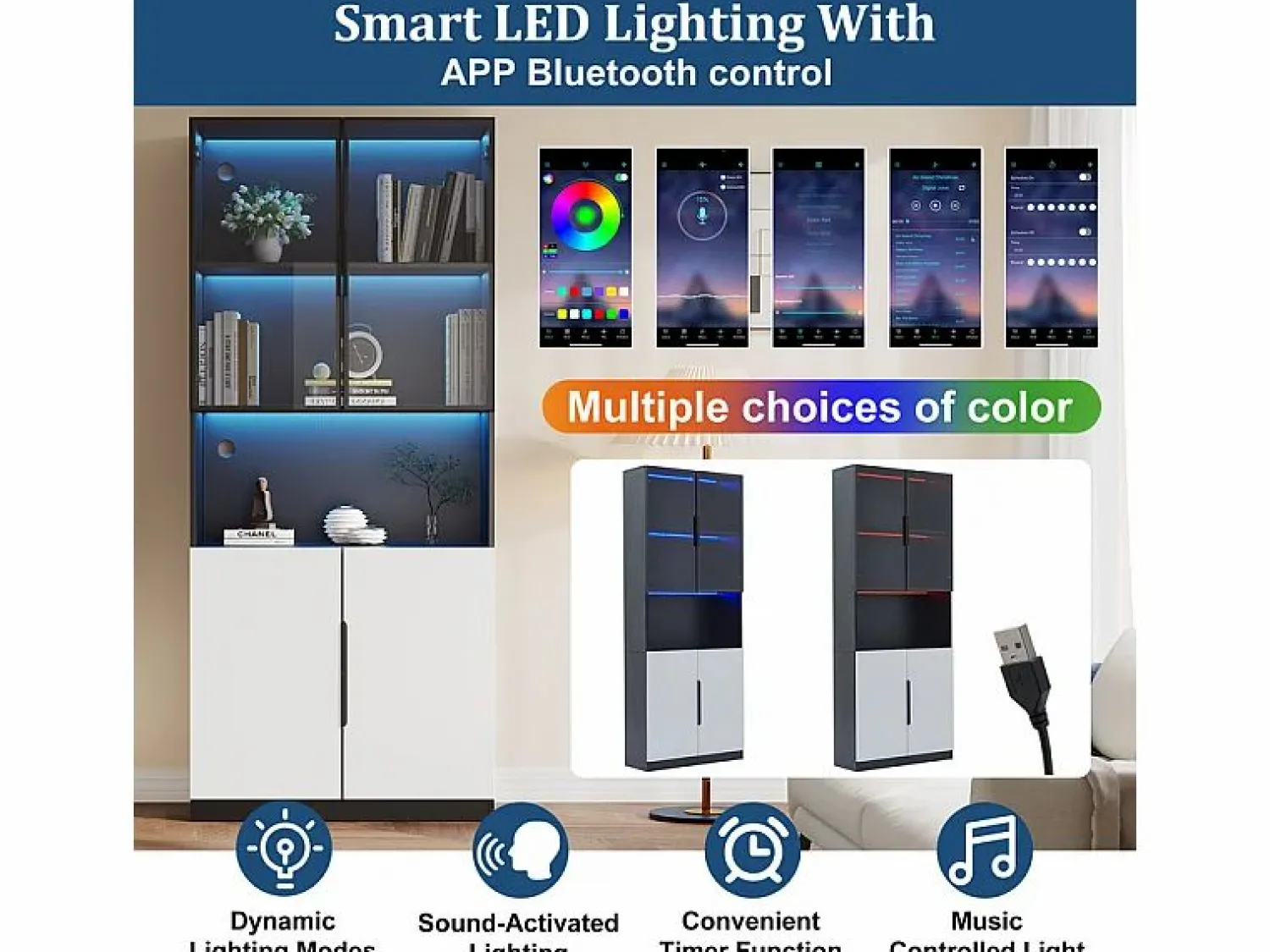 Best Vitrina con LED - 4 Puertas + 1 Hueco - Antivuelco - Color y Brillo Ajustable 80x30x200cm Vitrina