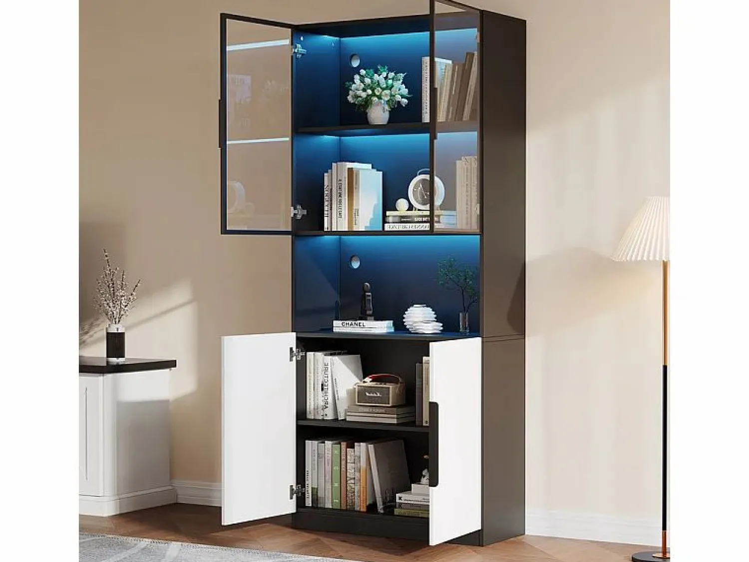Best Vitrina con LED - 4 Puertas + 1 Hueco - Antivuelco - Color y Brillo Ajustable 80x30x200cm Vitrina